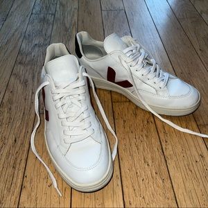 Women’s Veja V-12 White Sneakers with Red and Blue Accents